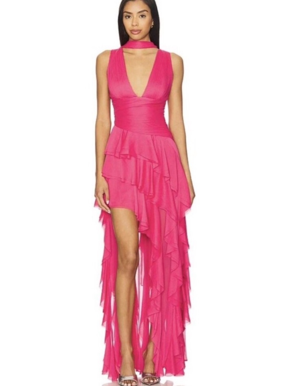 Alice + Olivia Hot Pink High-Low Ruffle Evening Dress with Choker